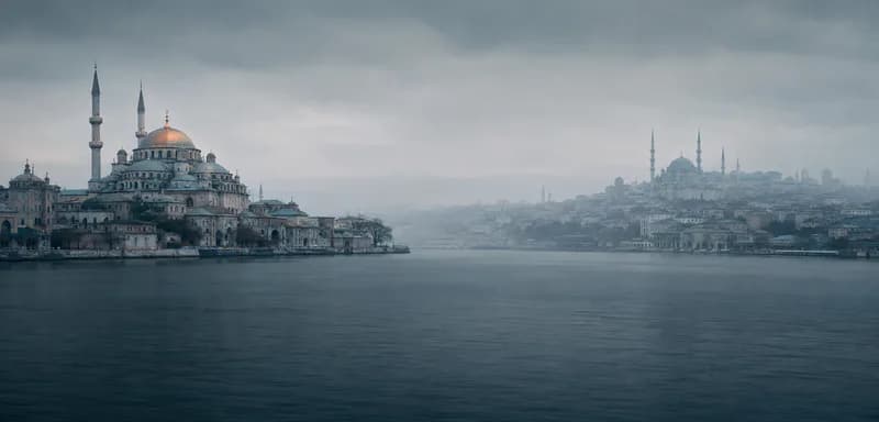 Istanbul's minarets across the Bosphorus at dusk